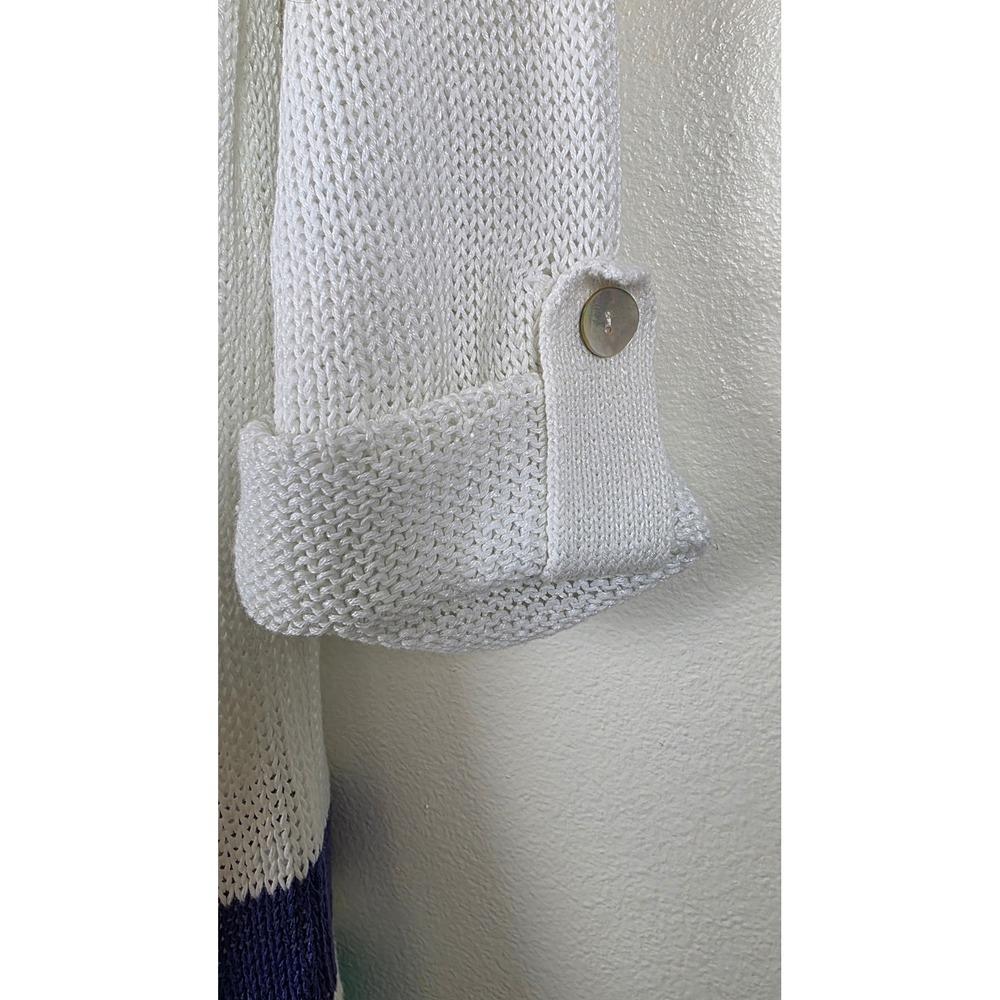 Chicos Cardigan Sweater Womens 2 White Linen Blend Hooded Open Front Striped NWT - Picture 9 of 14